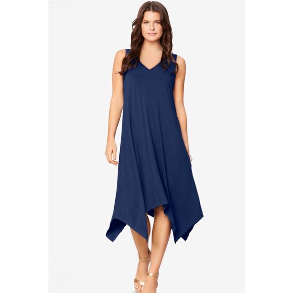 Roaman's 18W 20W Midi DRESS Sleeveless Trapeze Sharkbite HEM Navy Soft Knit NEW